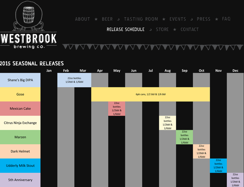 Westbrook Brewing Calendar 2015