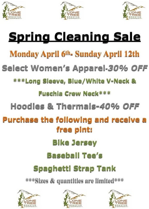 lone tree brewing co - spring cleaning merch sale updated - dbb - now through 04-12-2015