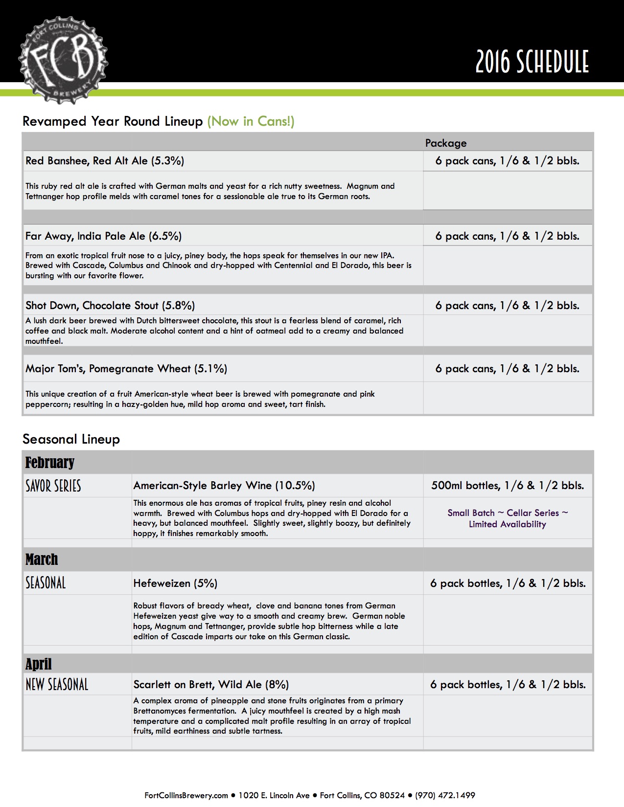 2016 Fort Collins Beer Release Calendar