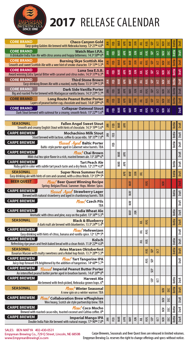 2017 Empyrean Brewing Beer Release Calendar