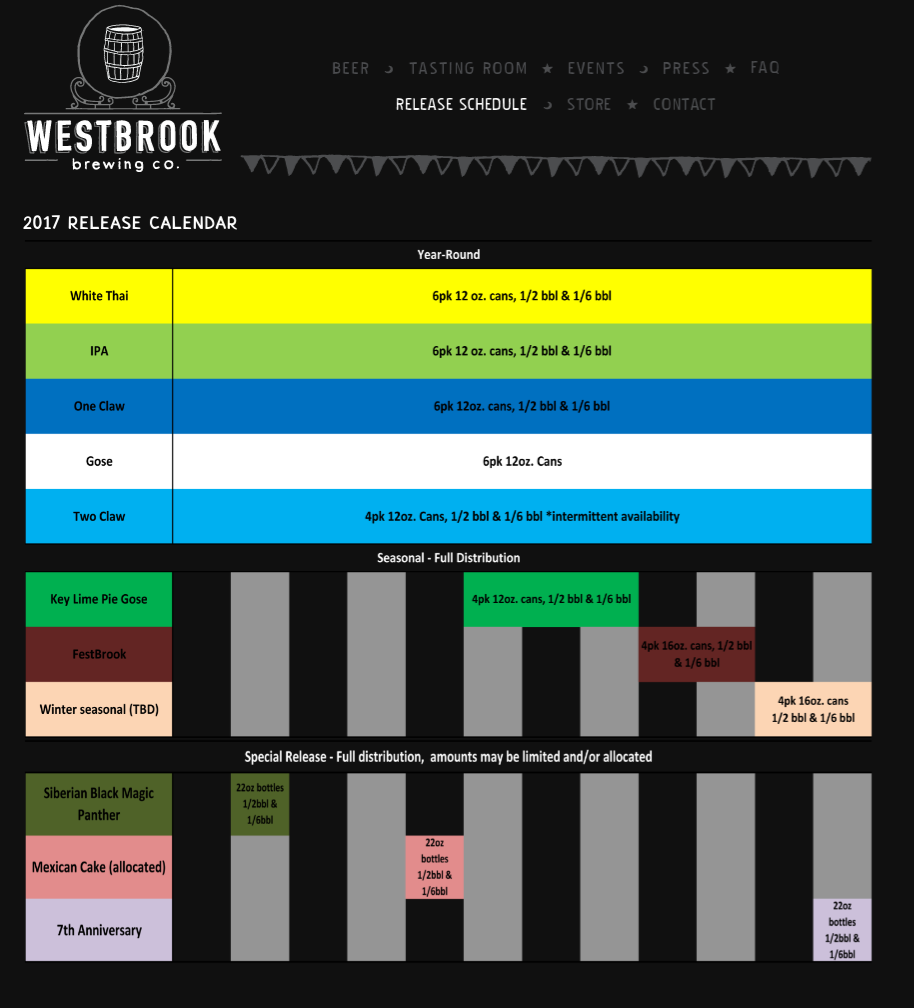 Westbrook Brewing Beer Release Calendar 2017