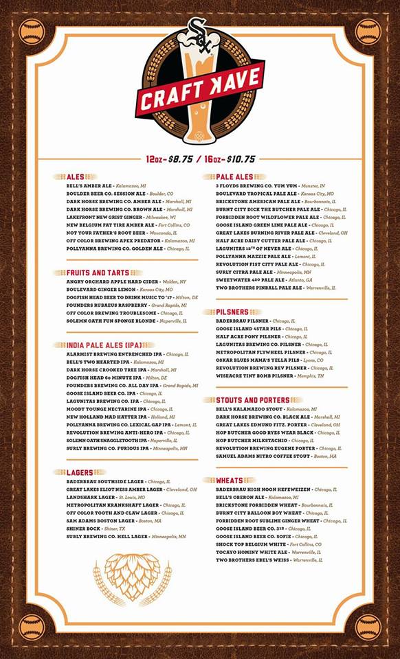 Chicago White Sox Craft Kave Menu