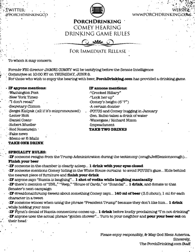 James Comey Testimony Drinking Game