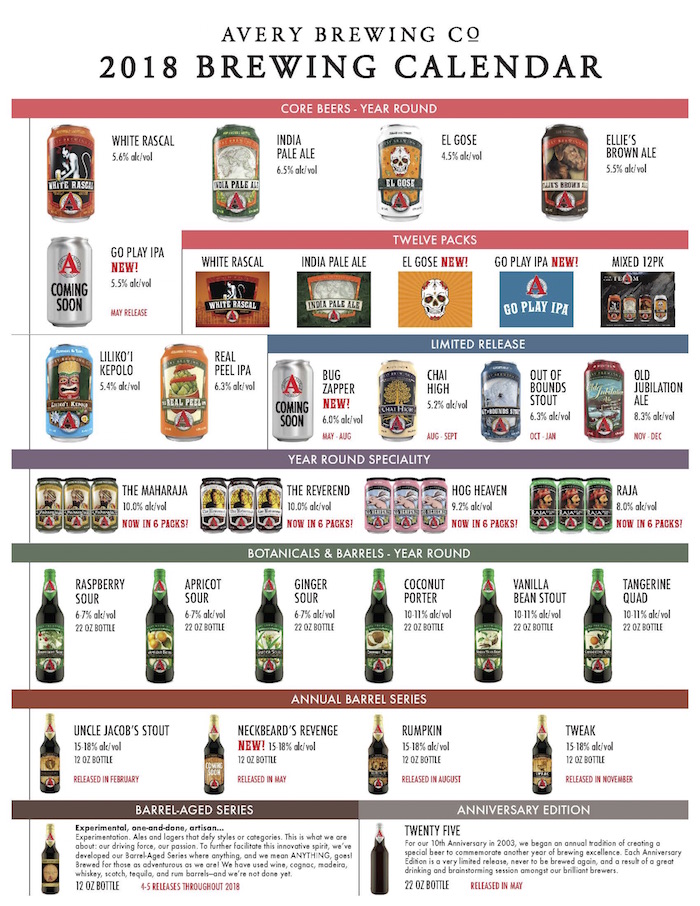 2018 Avery Brewing Beer Release Calendar