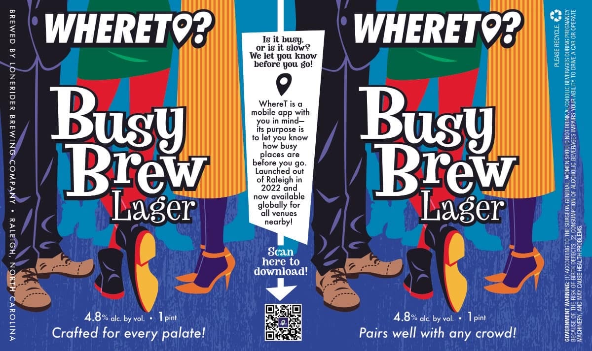 Flat Label artwork for Busy Brew Lager, shows a crowded space with people from the waist down.