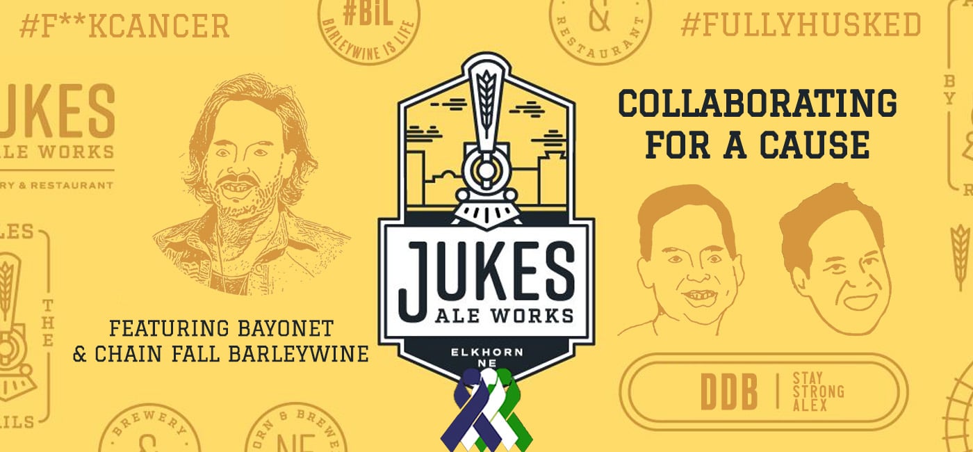 Feature Image for Collaborating for a Cause article with Jukes Ale Works. Depicts logos, different "faces" of Alex Kidd, notable Hashtags, and other Jukes branding.