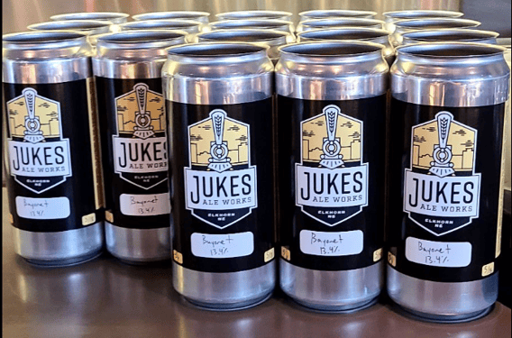 Jukes Ale Works crowlers lined up at the taproom, ready to fill with V.1 Bayonet Barleywine