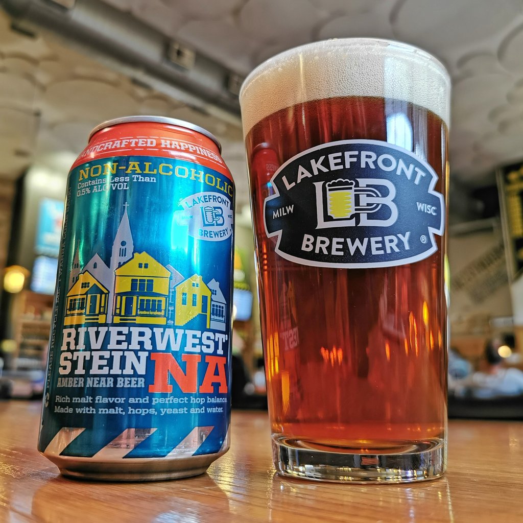 Lakefront brewery riverwest stein NA amber lager can and branded pint glass