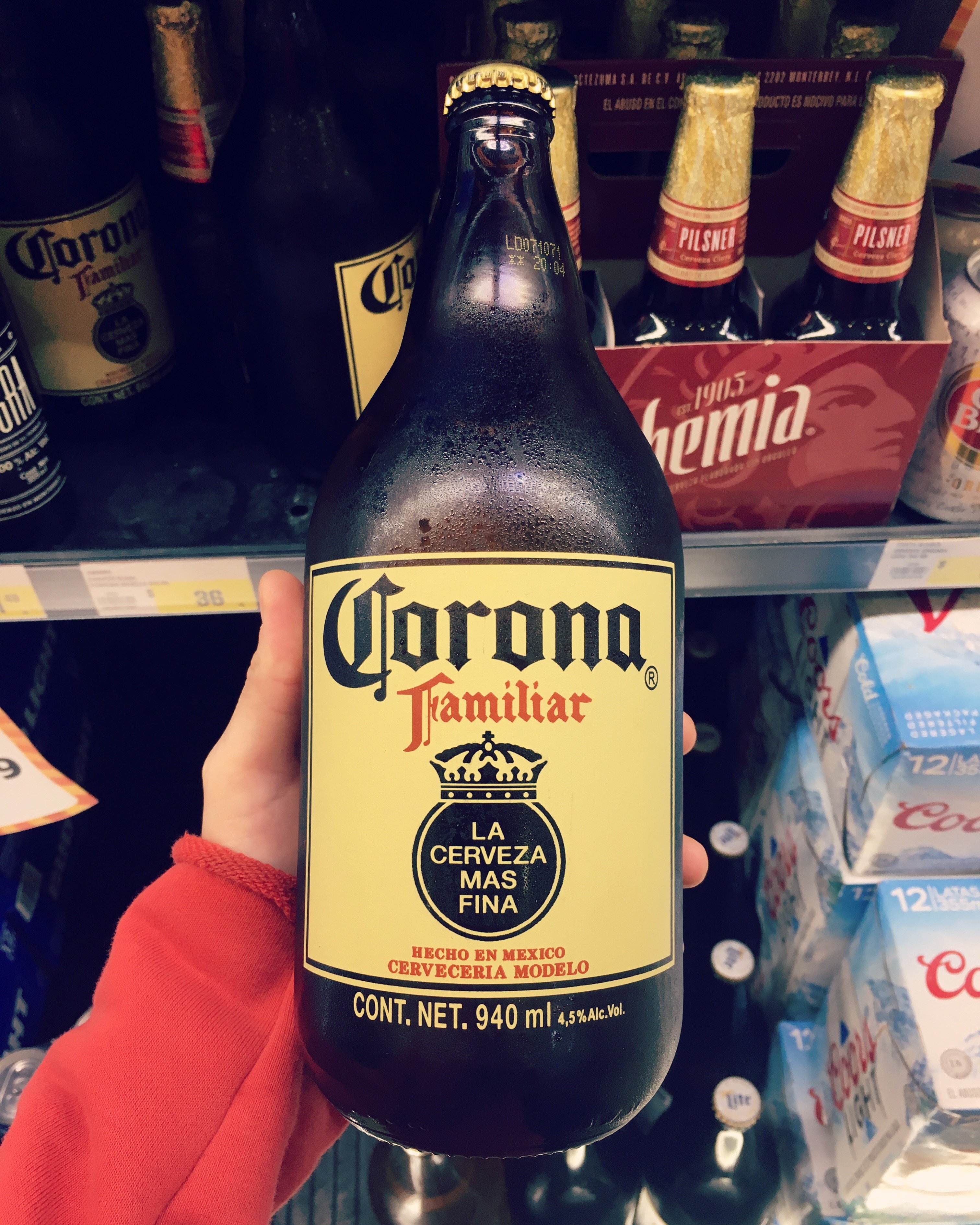 person holding a caguama bottle of corona familiar with smaller bottles behind it