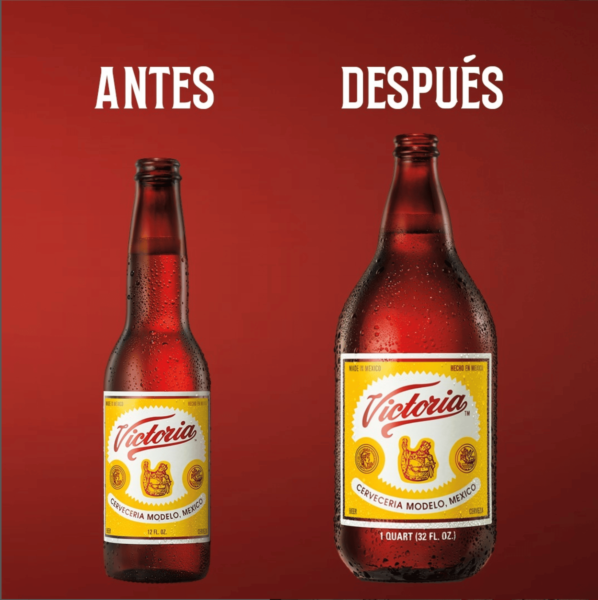 An advertisement from Victoria comparing the 12oz and 32oz caguama bottle on the right.