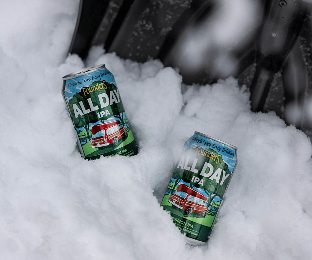 Founders All Day IPA beer can in ice.