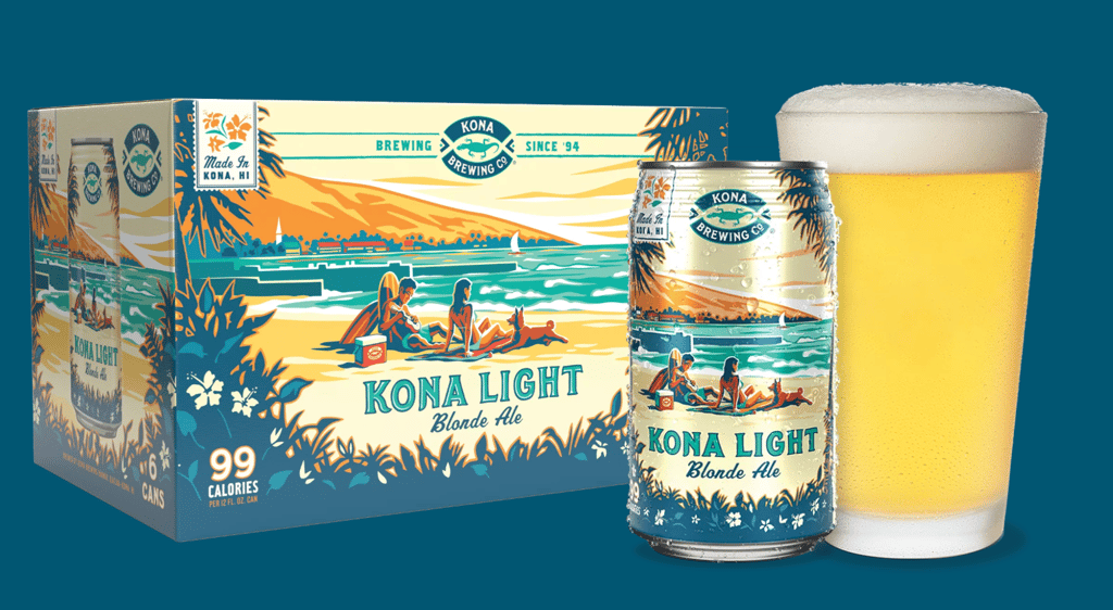 Kona Light Blonde Ale beer can, glass, and beer packs.