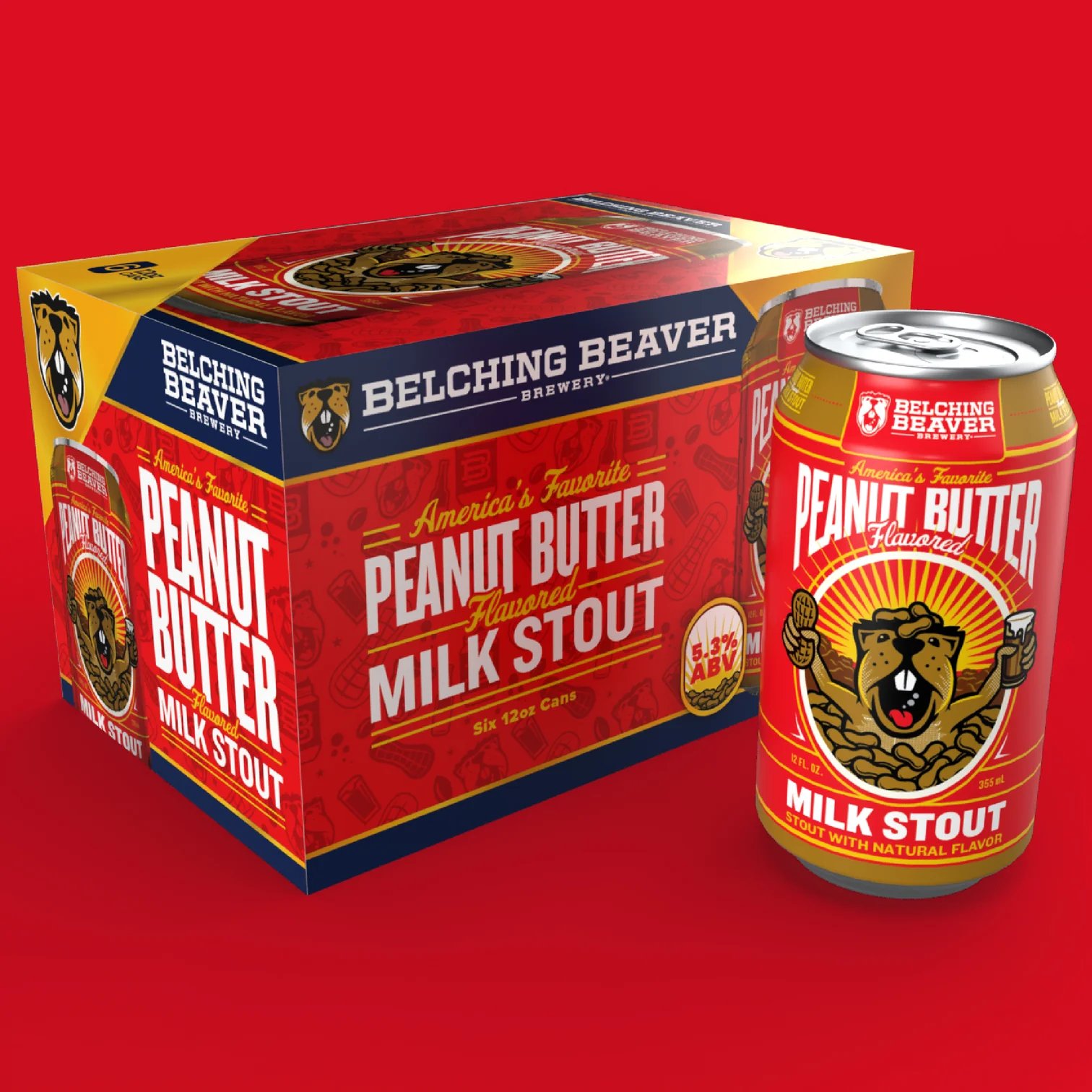 Belching Beaver Peanut Butter Milk Stout can and box of cans.