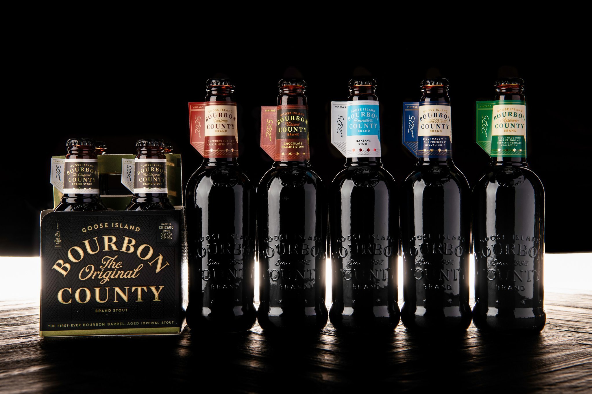 Goose Island Bourbon County Brand Stout 2025 lineup of bottles and packaging.