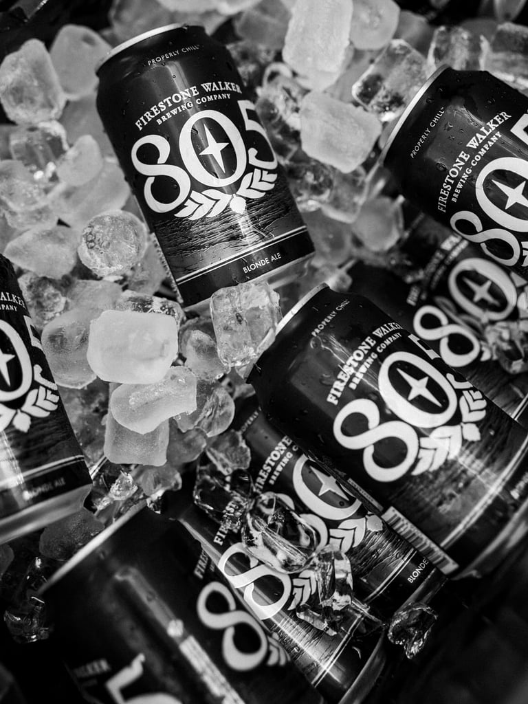 firestone walker 805 beer cans in ice (b&w)