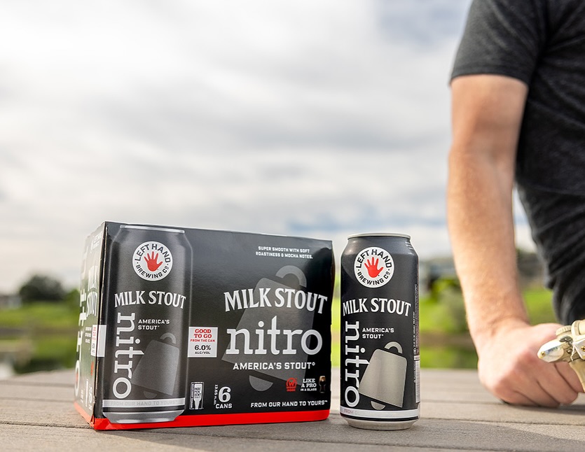 Left Hand Milk Stout Nitro six-pack and can.
