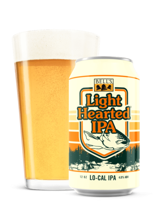 Bell’s Light Hearted Ale can and glass.