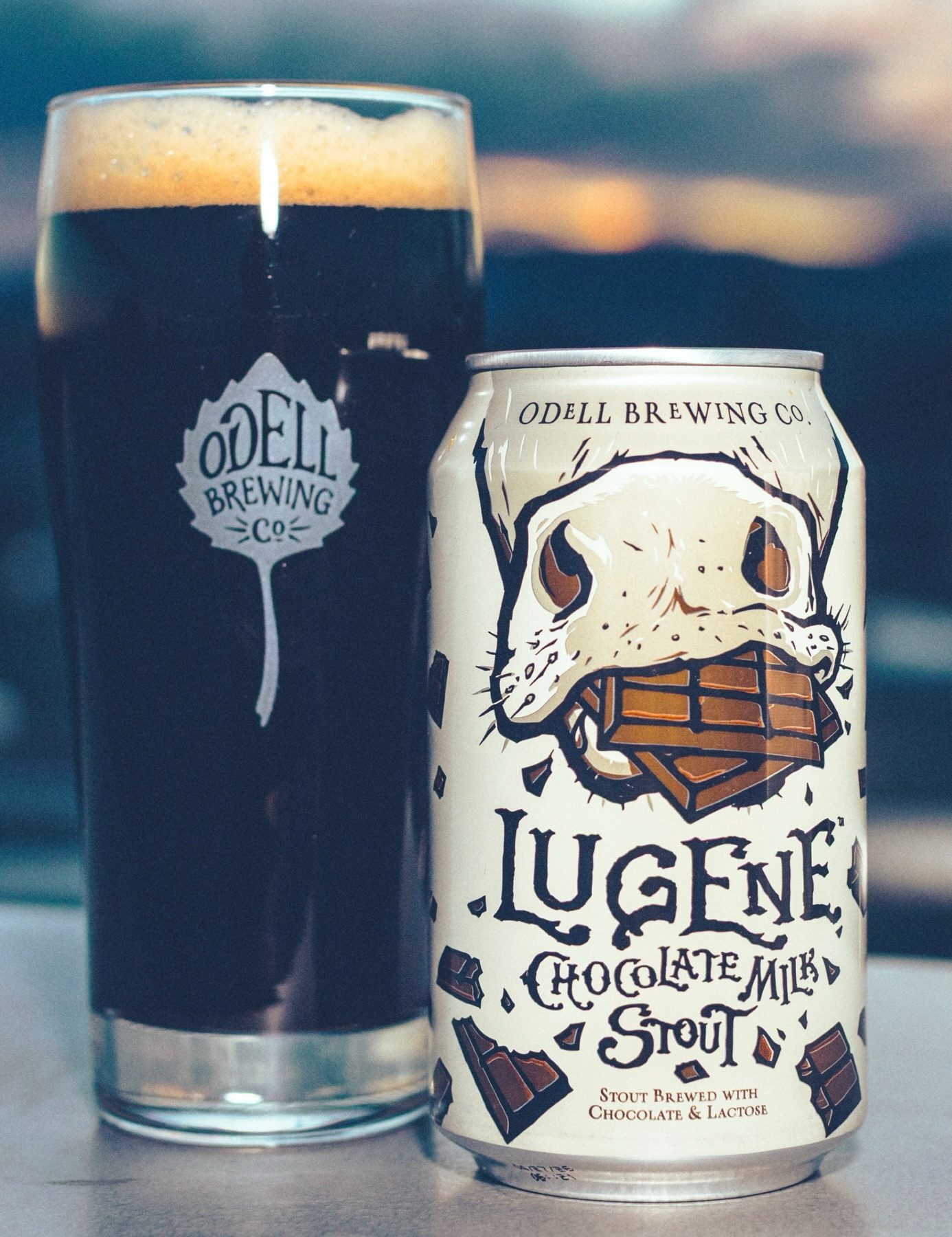 odell lugene chocolate stout can and glassware