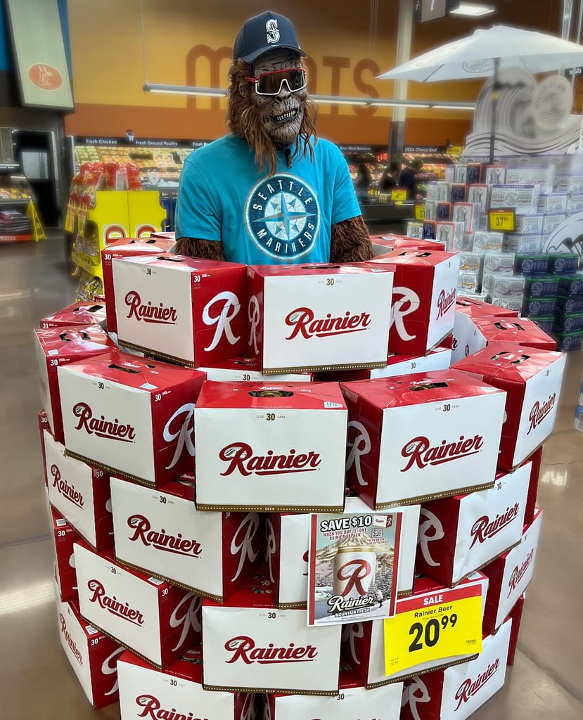 rainier beer display in grocery store