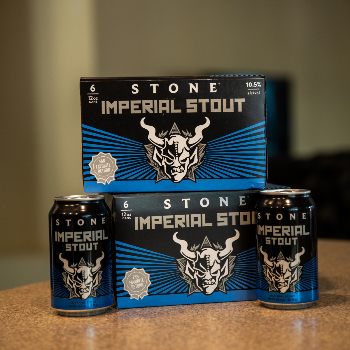 Stone Imperial Stout cans and six-packs.