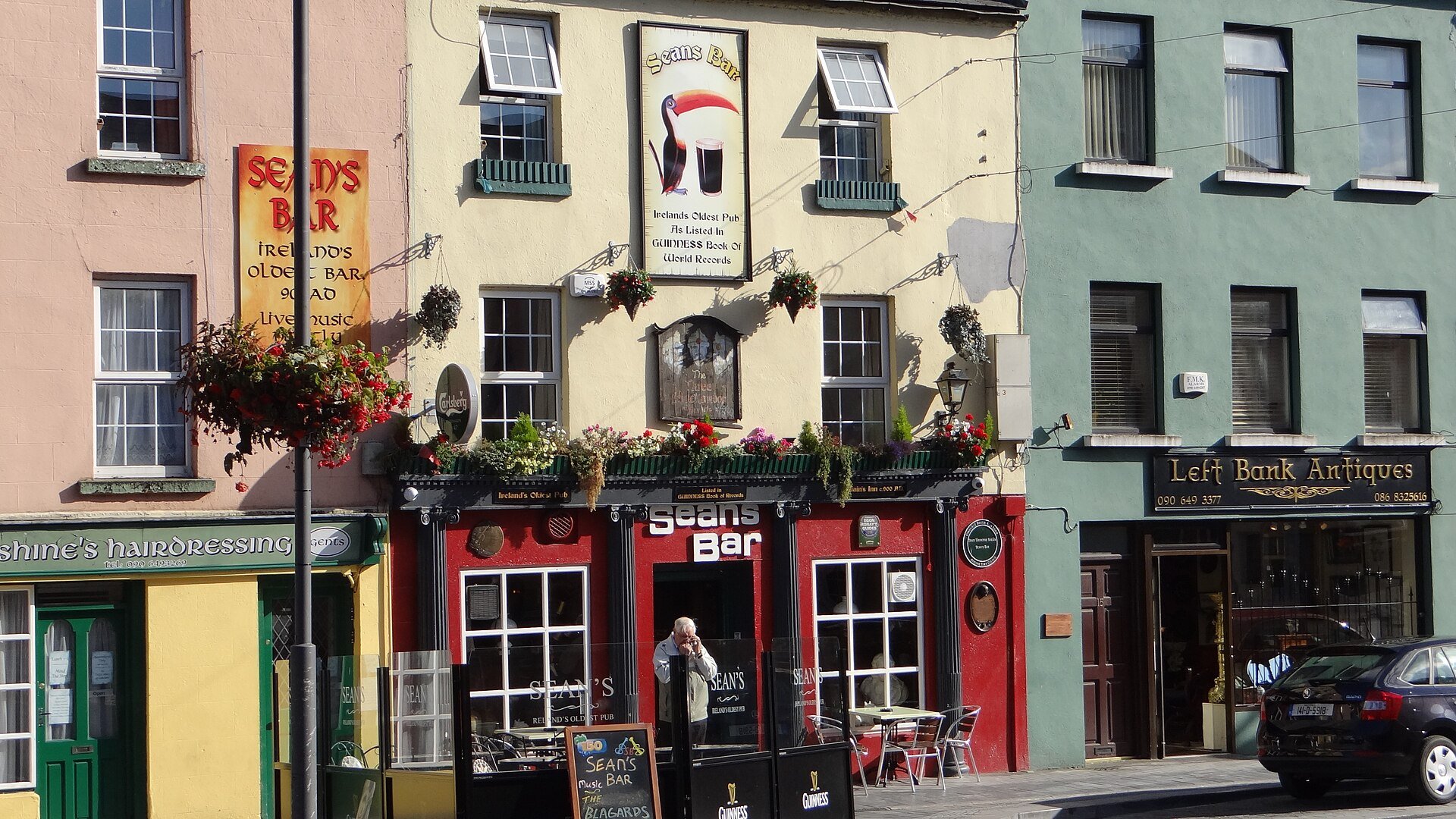 Exterior of Sean's Bar from a street view. A multi-story pub and one of the oldest bars in Ireland.