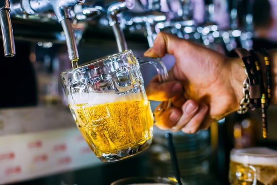 Dimple mug being filled with golden Pilsner beer from the tap