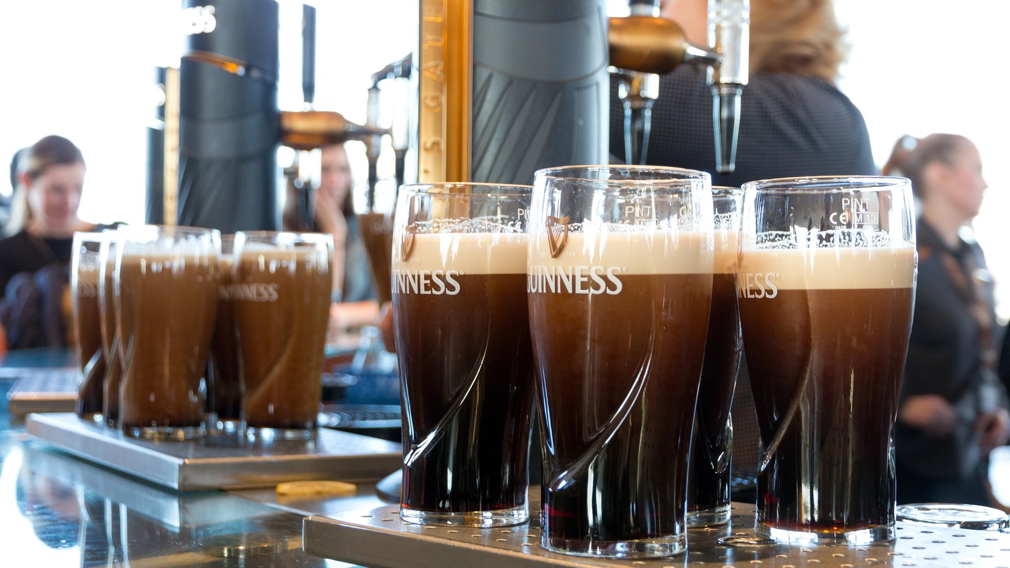 Pints of Guinness beer served at Guinness Brewery