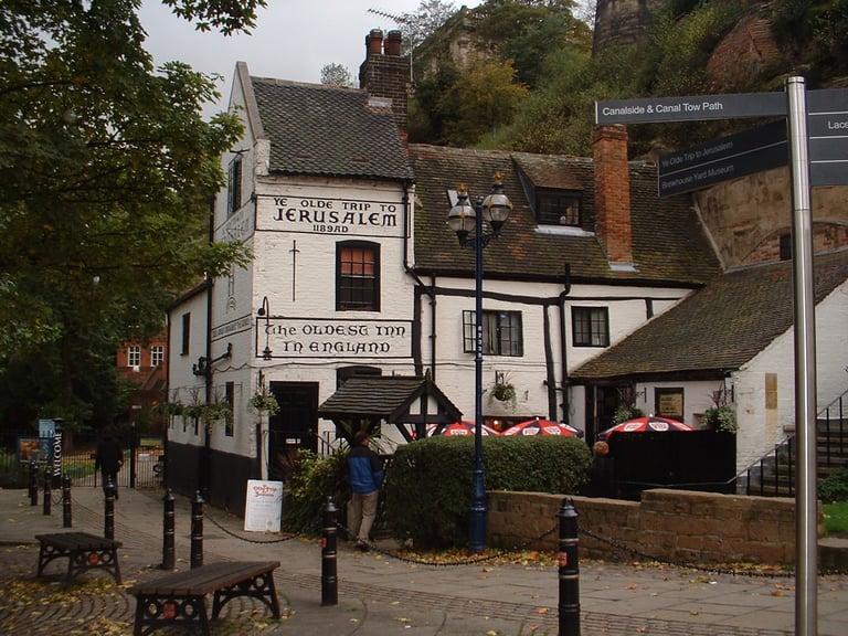 Exterior view of Ye Olde Trip to Jerusalem, built into a cliff.
