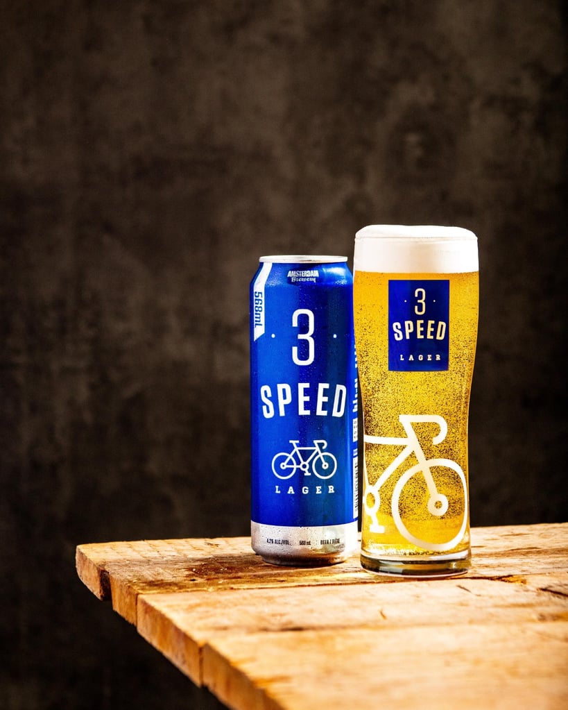 amsterdam brewery 3 speed can and glassware