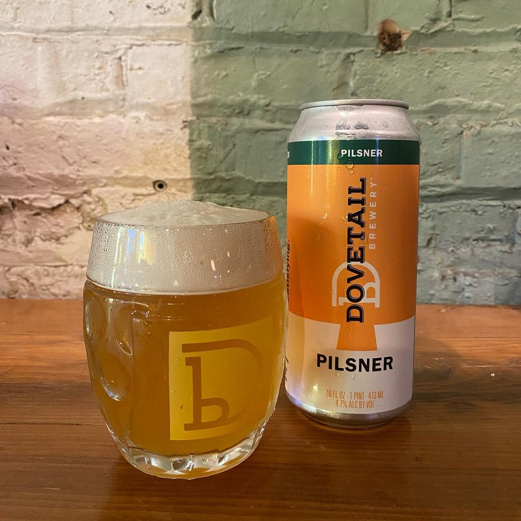 Dovetail Brewery Pilsner can and glass.