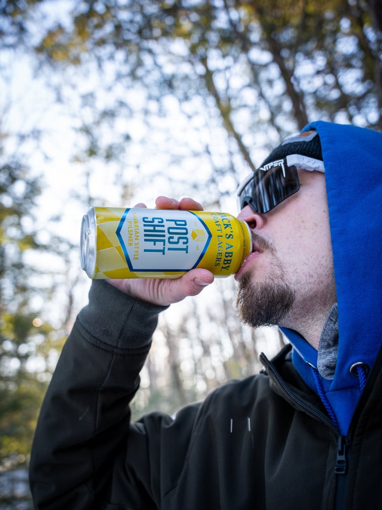 Jack's Abby Lagers Post Shift can being imbibed outdoors.