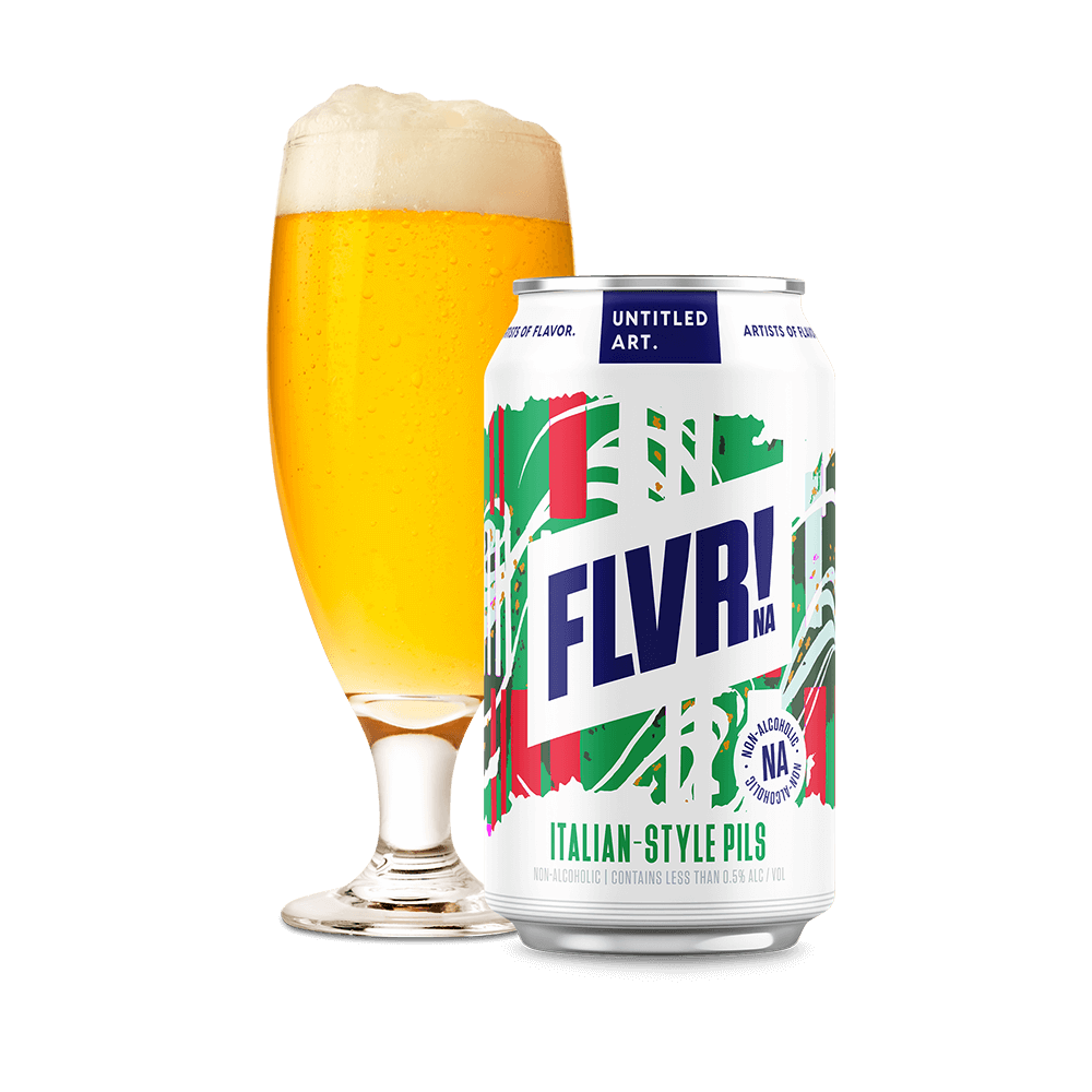 Non-Alcoholic Italian Pilsner can and glass.