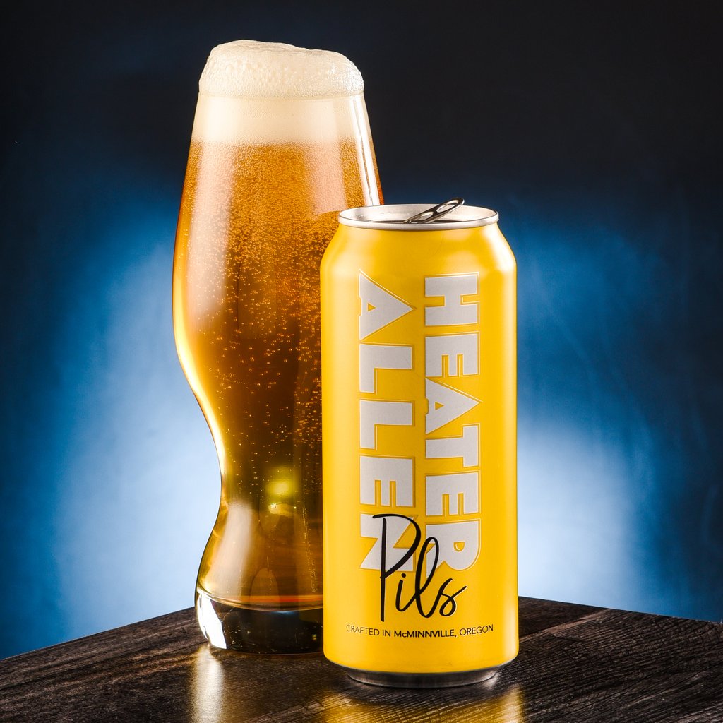 Heater Allen Brewing Pils can and glass.