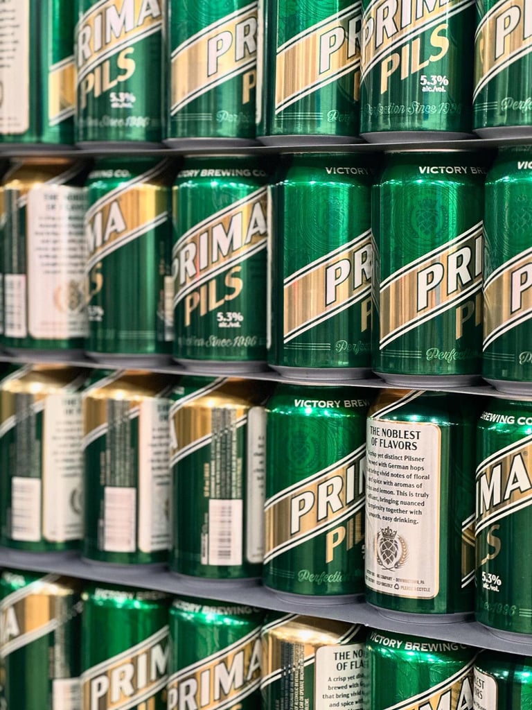 Victory Brewing Co. Prima Pils stacks of cans.