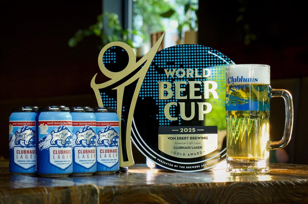 von ebert brewing clubhaus lager accolades, cans and stein glass