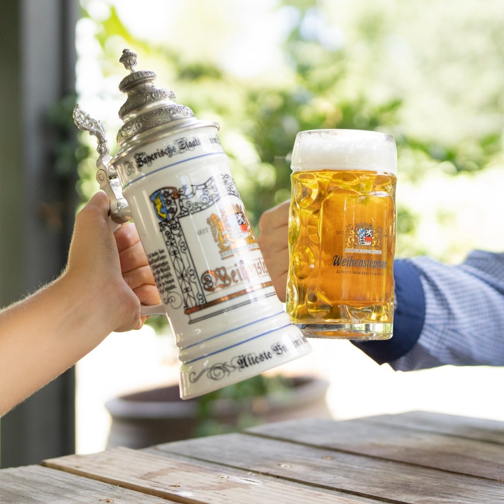 Weihenstephaner Pilsner in traditional German stein glass.