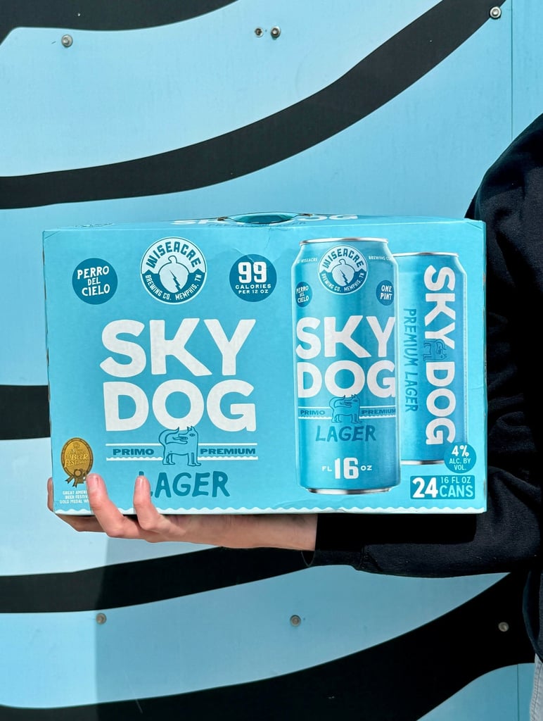 wiseacre sky dog lager six-pack being held outdoors