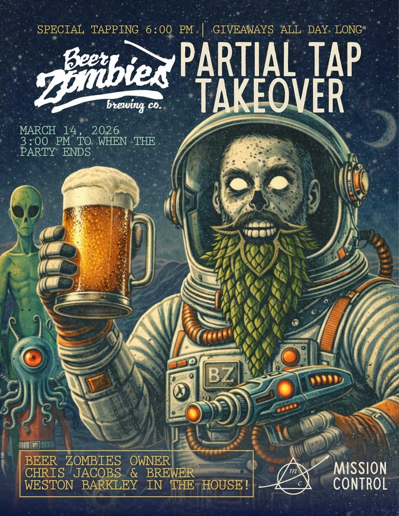 Zombie in astronaut suit drinking beer