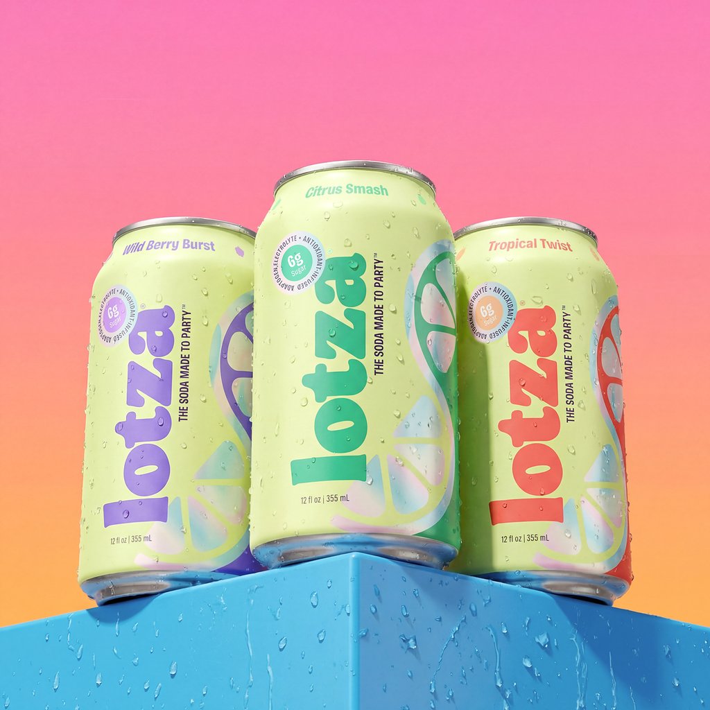 Cans of Lotza party soda