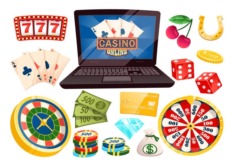 Casino logo on laptop screen featuring the Sweet Bonanza slot with a spinning wheel, playing cards, and a candy-themed interface