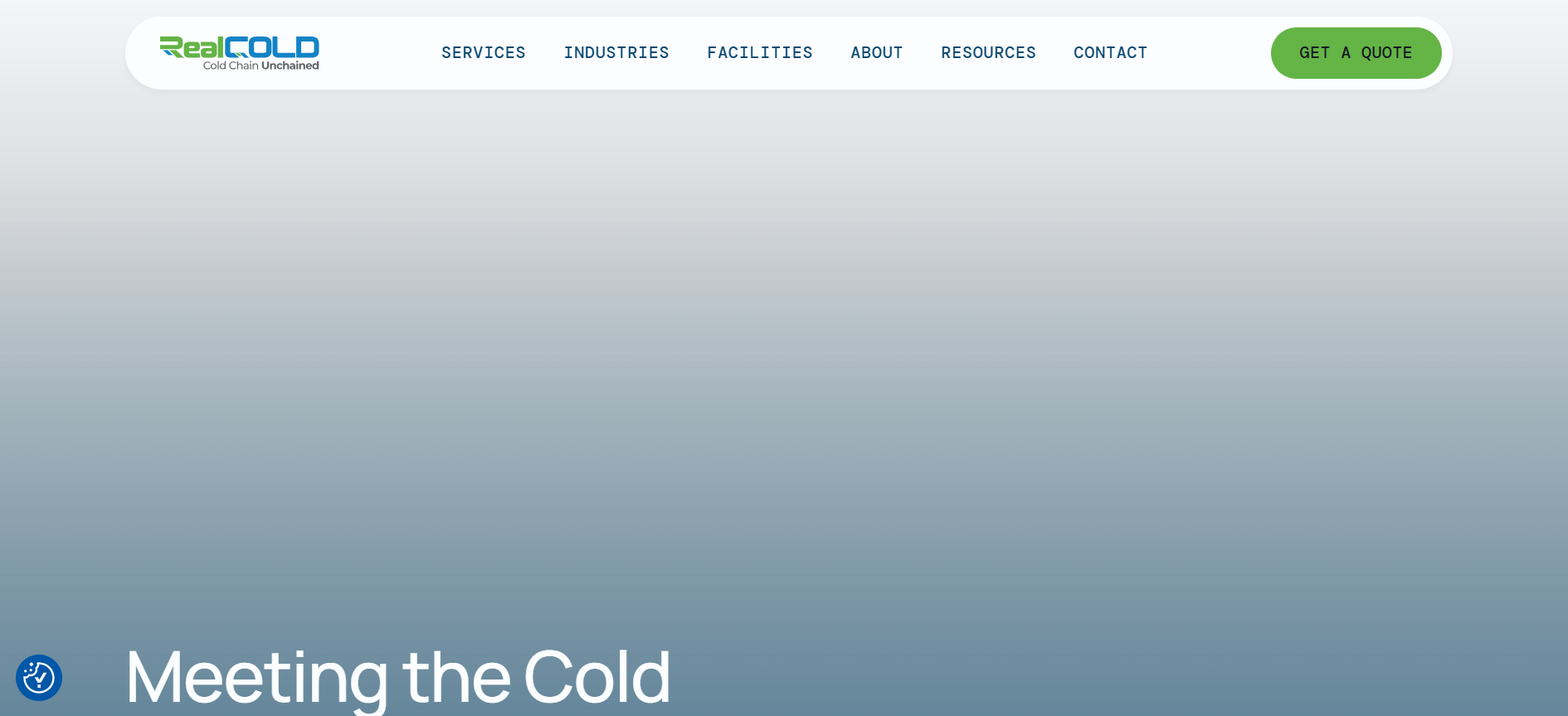 The RealCold website showcases a Texas cold storage and logistics platform.