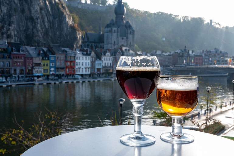 Belgium and Germany beer guide featuring Belgian beer glasses overlooking a scenic riverside town.