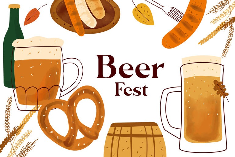 Beer festival poster featuring frothy beer mugs, pretzels, sausages, and a wooden barrel.
