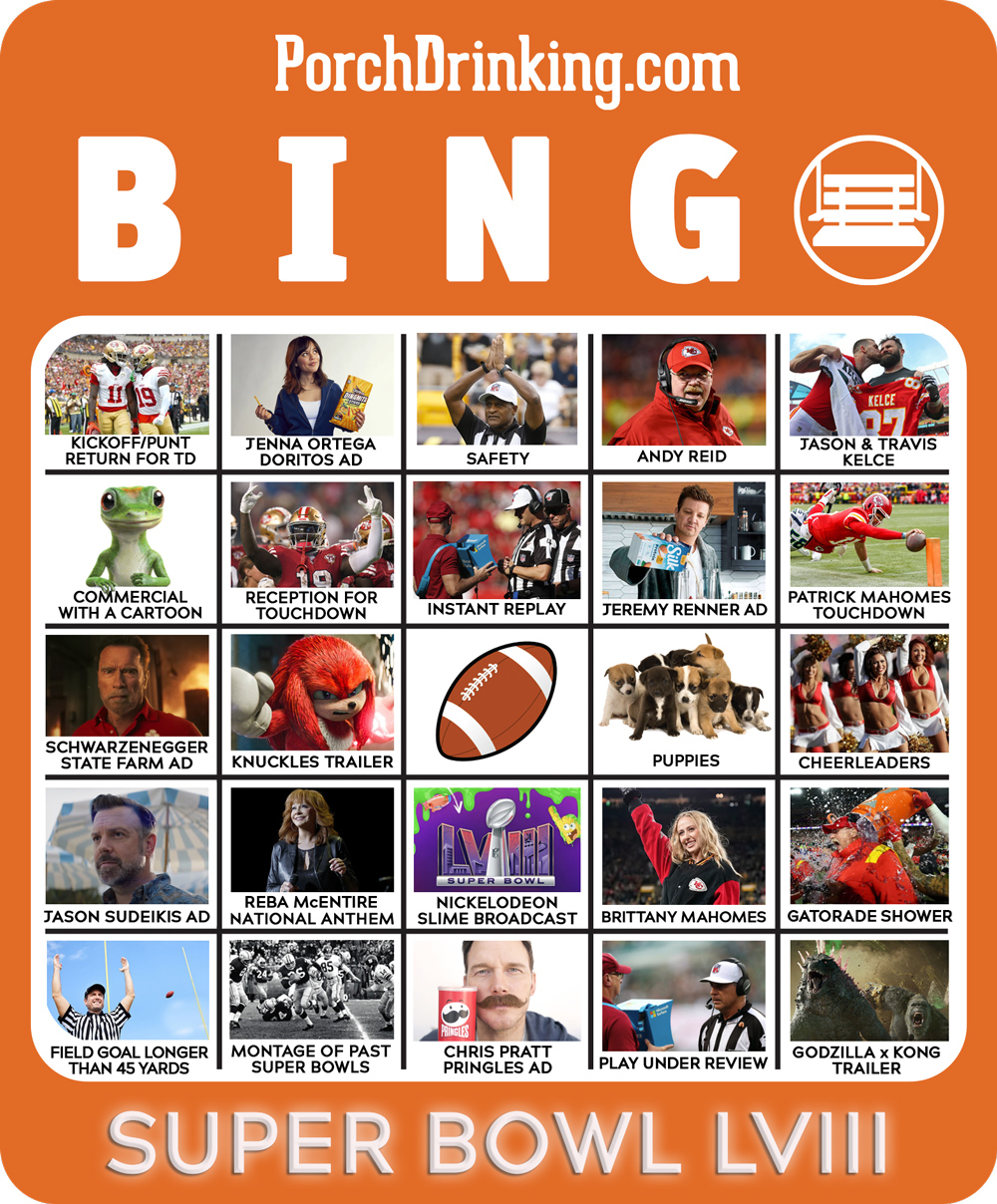 Downloadable 2024 Bingo Boards For Super Bowl LVIII PorchDrinking