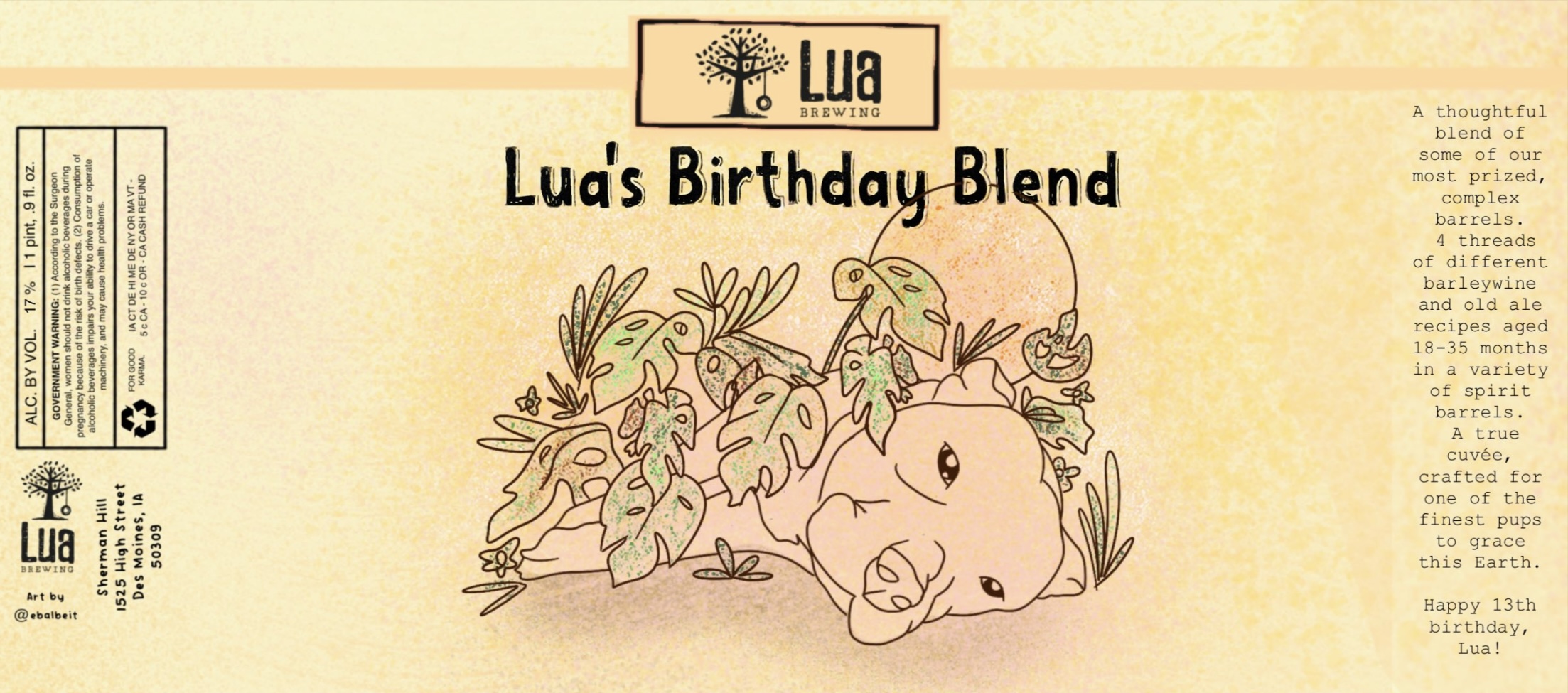 Label, Lua's Birthday Blend barleywine, Lua Brewing