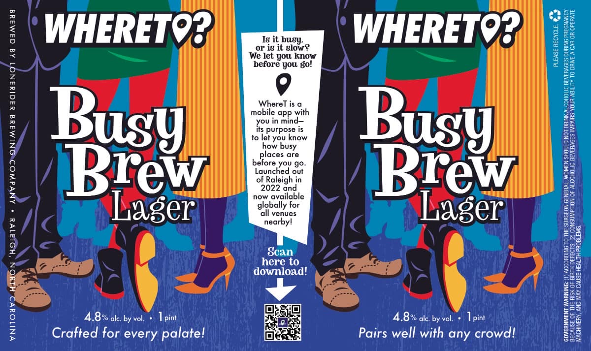 Flat Label artwork for Busy Brew Lager, shows a crowded space with people from the waist down. 