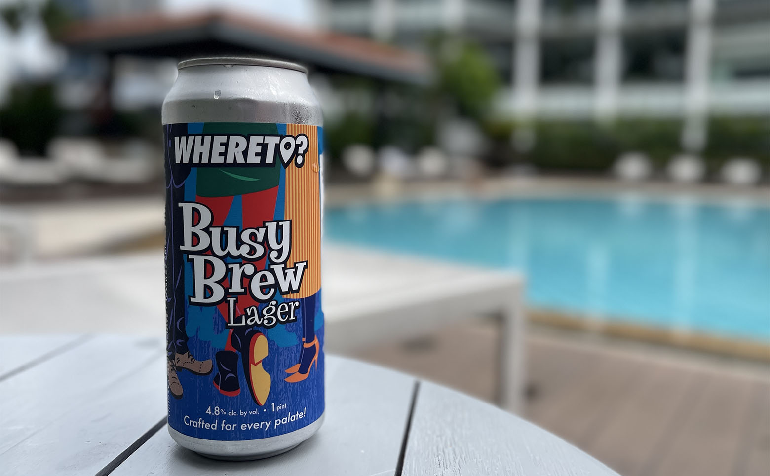 Busy Brew lager can poolside