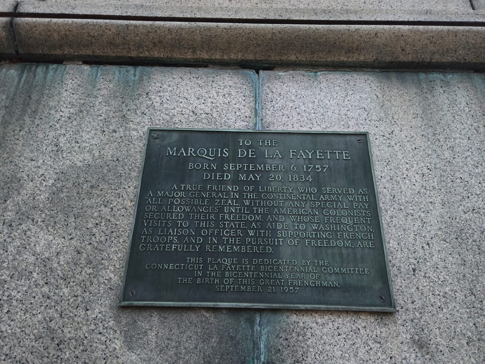 Plaque on statue of the Marquis de Lafayette, Hartford, Connecticut