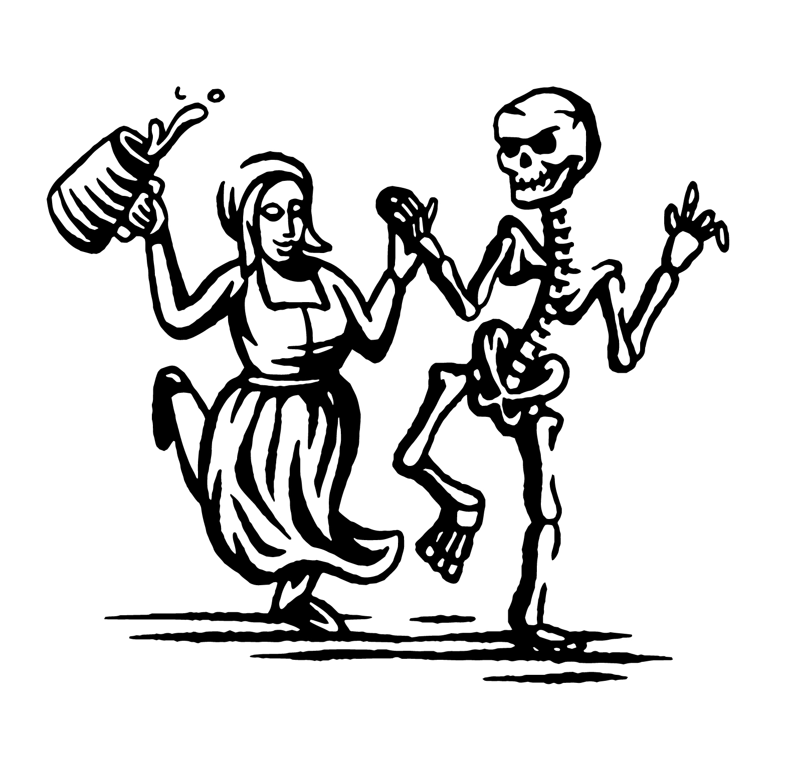 Image of alewife dancing with skeleton from Filthy Queens: A History of Beer in Ireland, by Dr Christina Wade