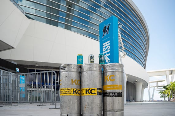 Biscayne Bay Beer Kegs against the background of LoanDepot Park